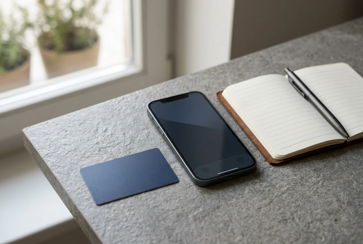 Bank card and smartphone beside an open payment notebook on a desk